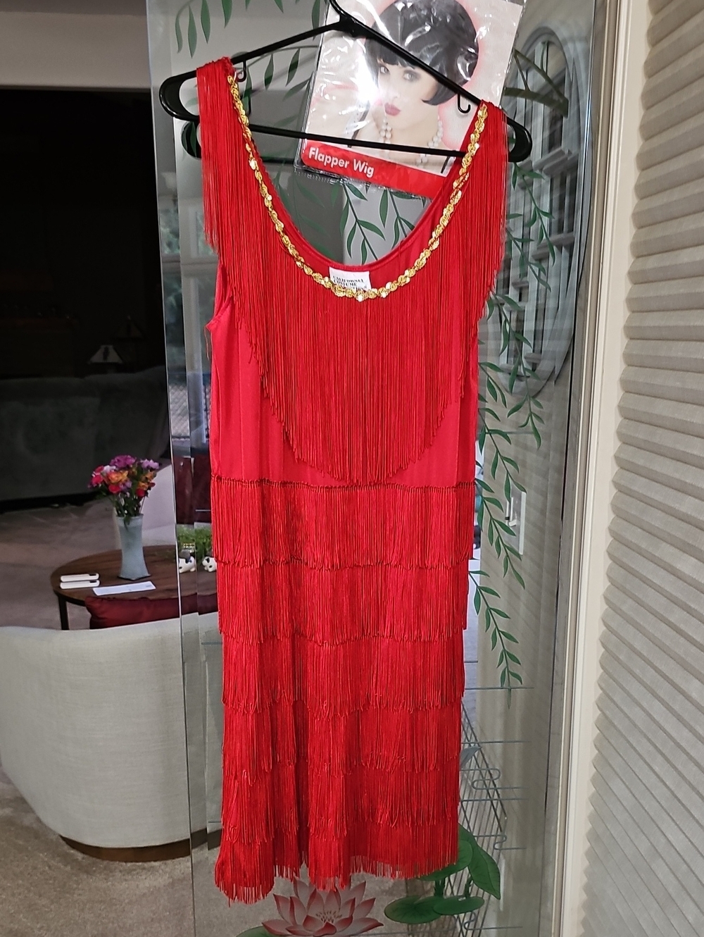 Calfornia Costume Collections Red Fringe Sleeveless Dress with Gold Trim